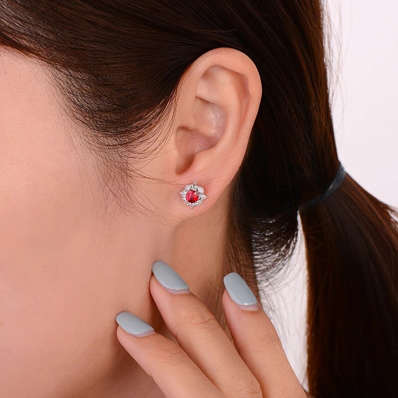 Caimao 0.69ct Natural Round Red Ruby and Diamonds 18kt White Gold Earrings Studs for Womens