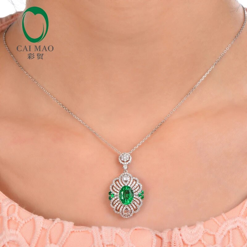 Free shipping 2.12ct Emerald 14kt White Gold Round Cut Diamonds Pendant For Necklace