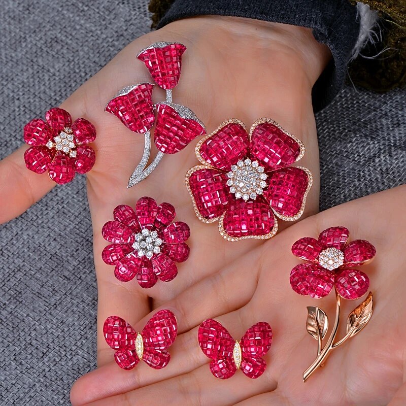 CAIMAO Fine Jewelry Invisible Setting 12.38ct Natural Ruby Diamond 18kt Au750 Yellow Gold Earrings English Lock