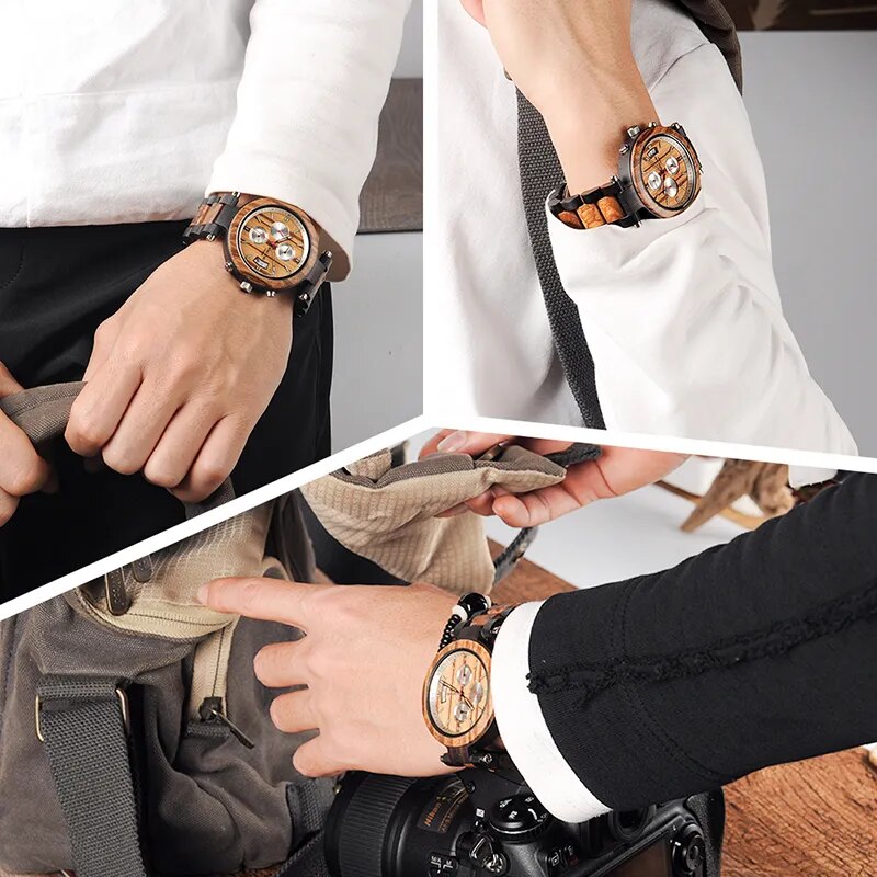 BOBO BIRD WP17 Men Wood Multi-function Ebony Watches Wood Band Fashion Quartz Male Clock Back Cap Custom Watch