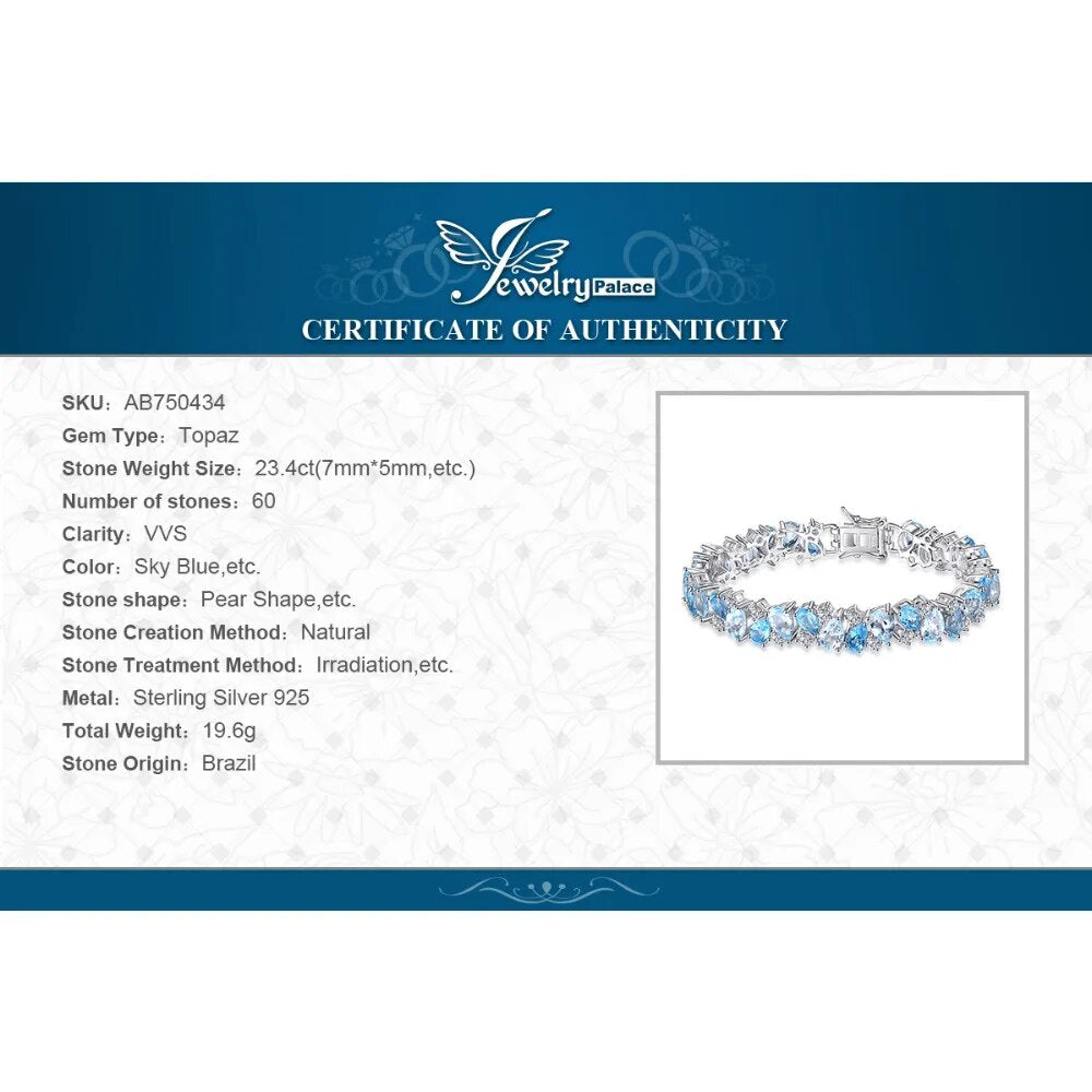 JewelryPalace LUXURY 23ct Natural Sky Swiss Blue Topaz 925 Sterling Silver Tennis Bracelets for Women Unique Gemstone Jewelry