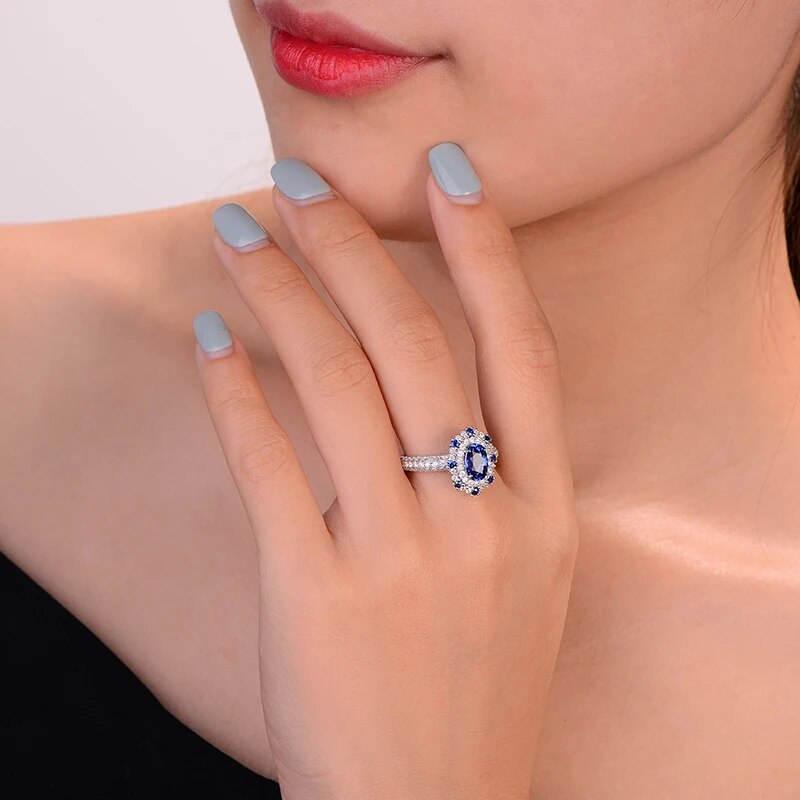 CaiMao 1.57ct Natural Sapphire Ring with Halo Diamonds 18kt White Gold Engagement Wedding Jewelry