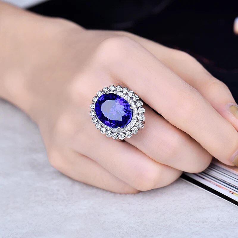 LOVERJEWELRY Real 18Kt White Gold 14.86ct Genuine Tanzanite Women Ring Real Diamonds Dual Use Function Jewelry Rings Or Pendant