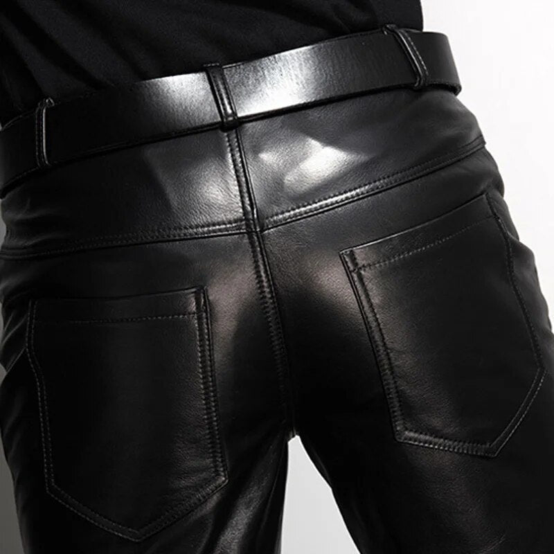 Men's Leather Pant Slim Leather Skinny Biker Pants Motorcycle Punk Rock Pants Tight Leather Pant Simple soft TJ09