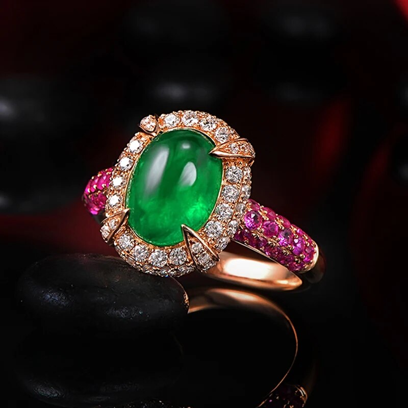 14K Rose Gold 2.15ct Natural Emerald 1.12ctw Diamonds & Pink Sapphires Engagement Ring