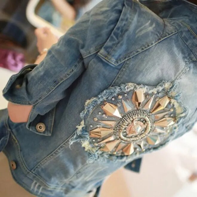 Women Short Cowboy Coats Leisure Outwear Slim Diamonds Half sleeve Women's Denim Blue Jacket Coat Holes Jean Jackets - KAISERINC