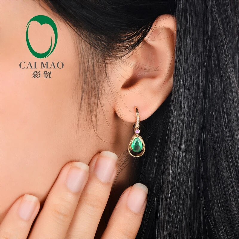 Caimao Jewelry 14k Yellow Gold Natural Pear Cut 5x7mm Emerald & 0.08ct Diamonds Pink Sapphires Engagement Earrings