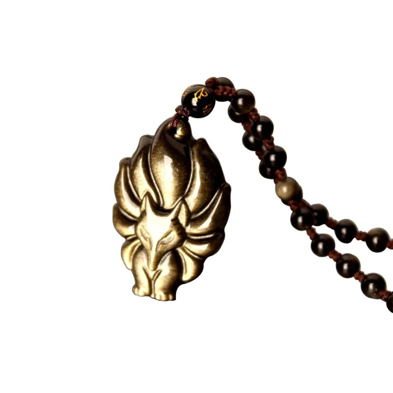 QIANXU Gold Obsidian Pendant Necklace Nine Tail Fox Necklace pendant Fox Ward off Bad Luck With Chain