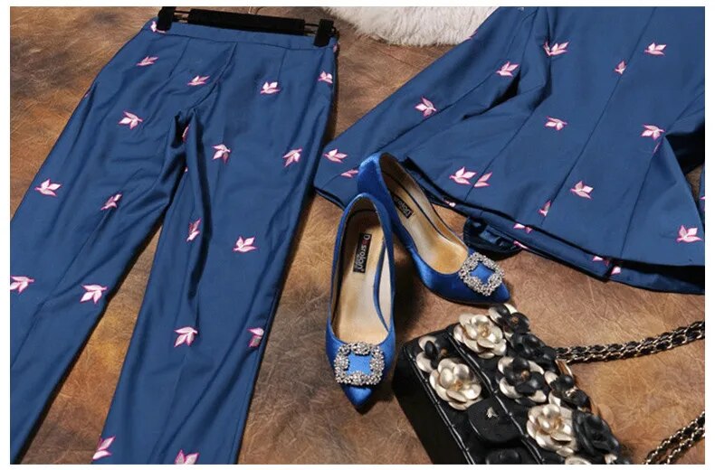 See Orange Slim Woman's Suit Spring Flowers Embroidery Business Pants Suits Formal Lady Office Sets SO6666