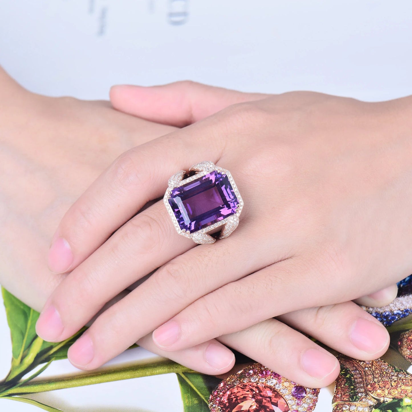 Natural Amethyst Rings For Women Elegant Ladies Emerald Cut 15x20mm Amethyst Diamonds Engagement Party Ring Real 14Kt Rose Gold