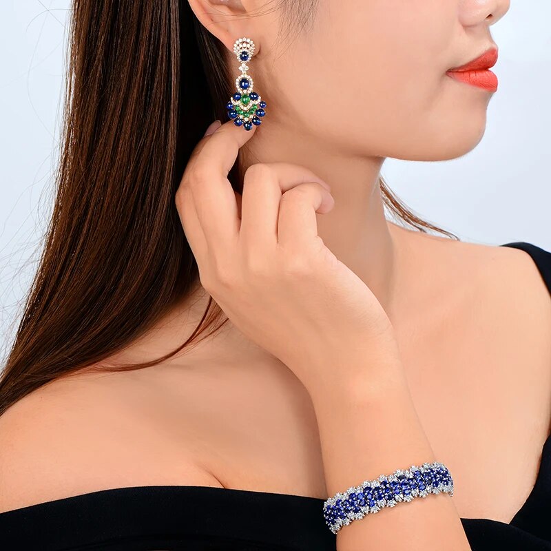 CaiMao Gorgeous Natural 14.29ctw Blue Sapphires Emeralds and Diamonds Earrings 18kt Yellow Gold Retro English Lock For Women