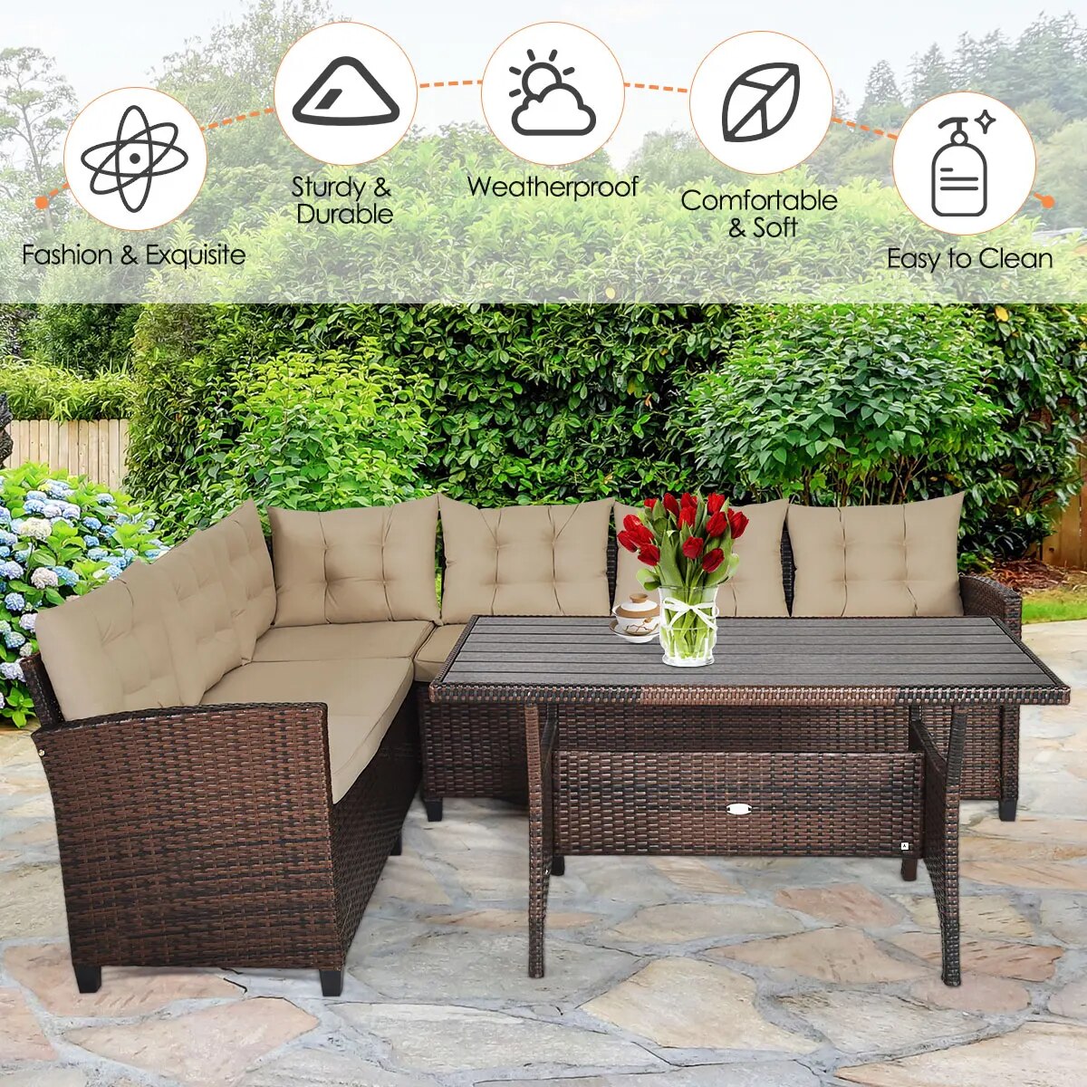 Costway 3PCS Rattan Dining Set Patio Furniture 6 Seats Sofa Cushioned