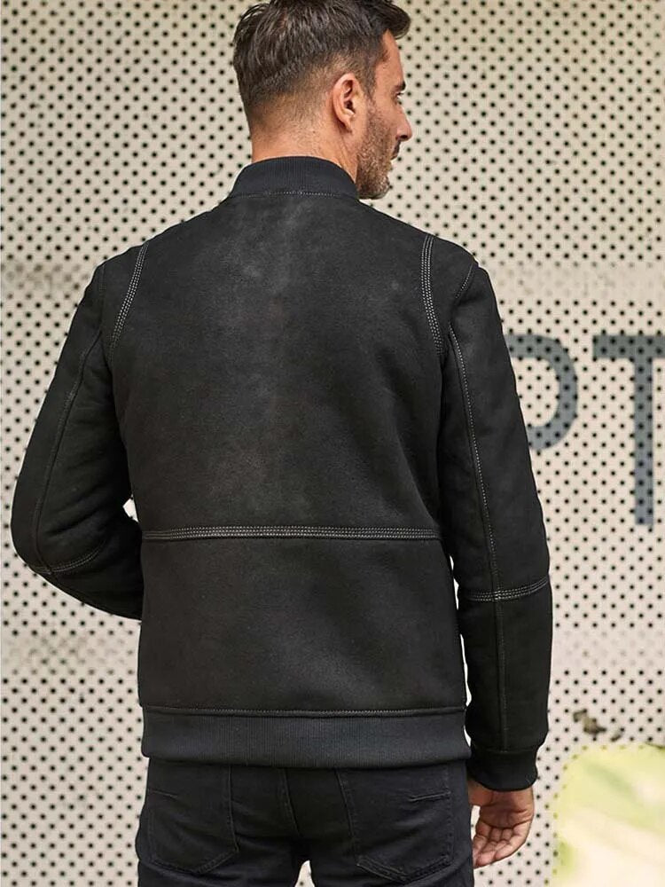 New Mens Shearling Coat Black Leather Jacket Short Fur Overcoat Baseball Uniform Warmest Winter Outwear