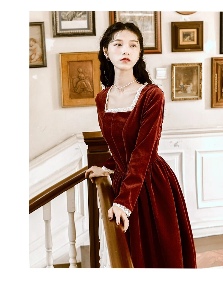 2019 new fashion women's clothing Autumn and winter vintage dress Square Collar