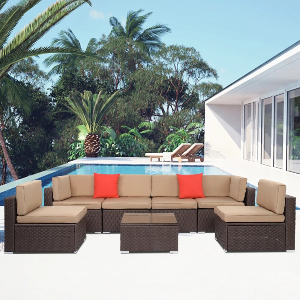 7Pcs Outdoor Patio Furniture Set 2 Corners 4 No Armrests Sofa 1 Square Coffee Table Dark Brown Pattern Rattan Khaki Cushion