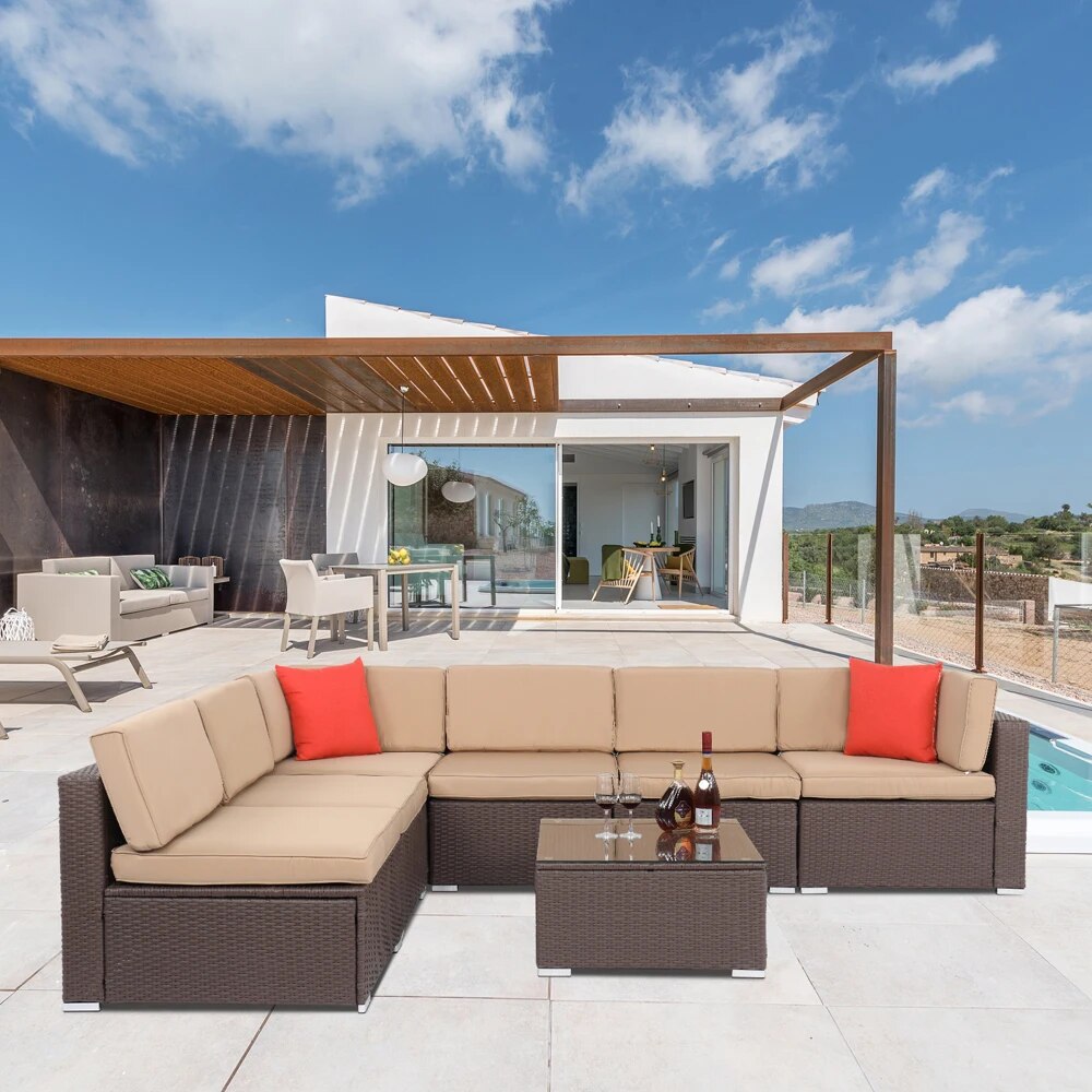 Outdoor Patio Furniture 7Pcs Set 2 Corners 4 No Armrests Sofa 1 Square Coffee Table Dark Brown Pattern Rattan Khaki Cushion