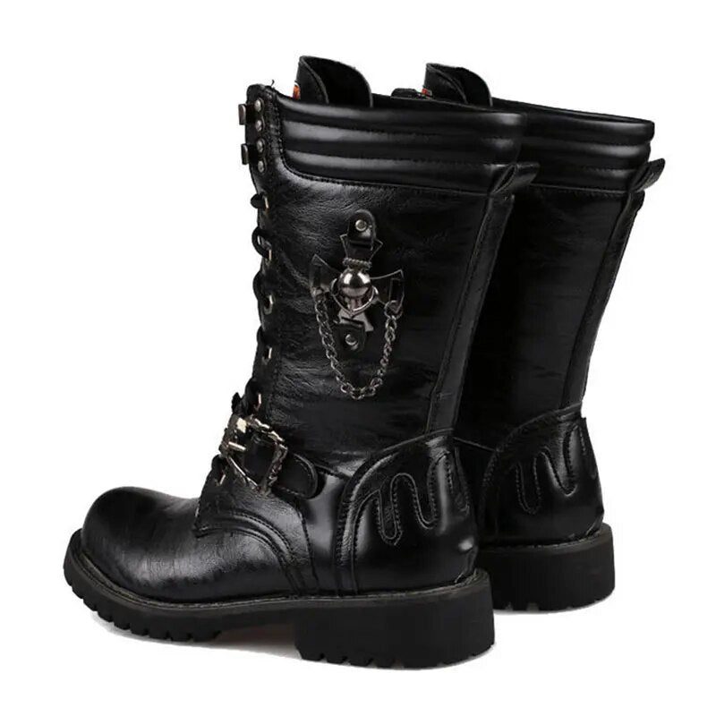 ZERO MORE Brand Army Boots Men Chain Military Mens Boots Skull Metal Buckle Lace Up Male Motorcycle Punk Boots Men's Shoes Rock