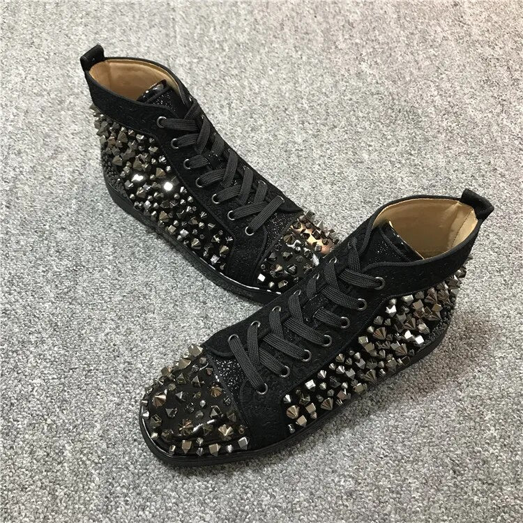 Svonces Luxury Brand Sequins Men Shoes High Top Black Suede Studded Rivets Lace Up Crytsal Shoes For Men Casual Shoes Sneakers