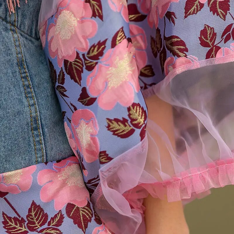 Pink Embroidery Tassel Stitching Lantern Long Sleeved Denim Jacket Women's Clothing Loose Thin Streetwear Hip Hop Outerwear