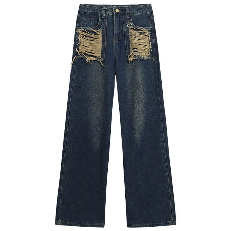 Irregular Ripped American-Style Vintage High-Waist Jeans
