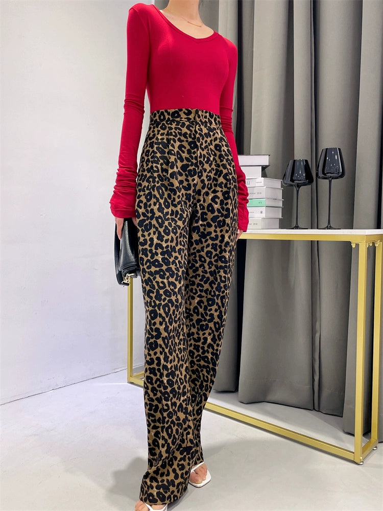Leopard Print Commuter Ins Straight High Waist Slim Looking Casual Pants