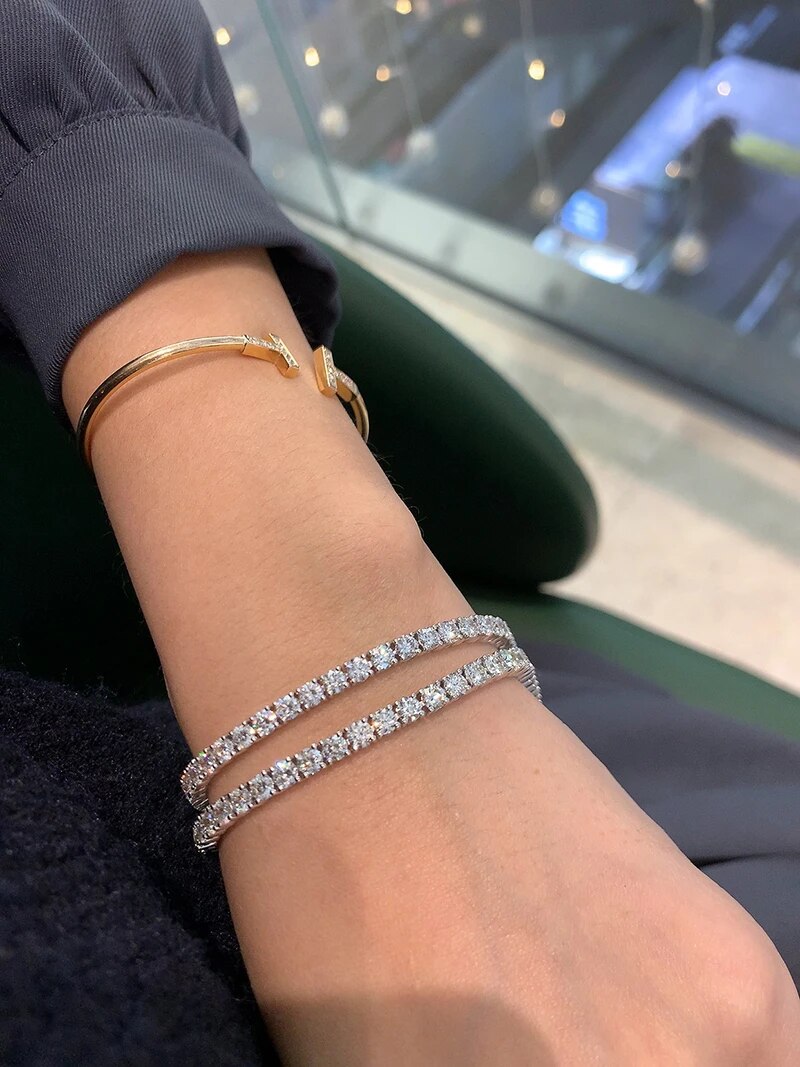 LUOWEND 18K White Gold Bracelet Real Natural Diamond Bangle Classic Party Tennis Bracelets for Women Customize