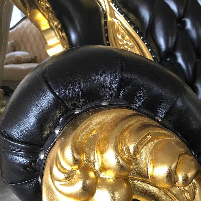 European Style Full Gilded Frame Leather Carved Luxury Villa Living Room Sofa American Style Villa Solid Wood Carved Living Room