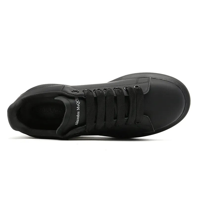 Handmade Black Leather Shoes Men Calf Leather Round-toe Casual Sneakers Unisex Loafers Shoes Women's Platforma Elevator Shoes