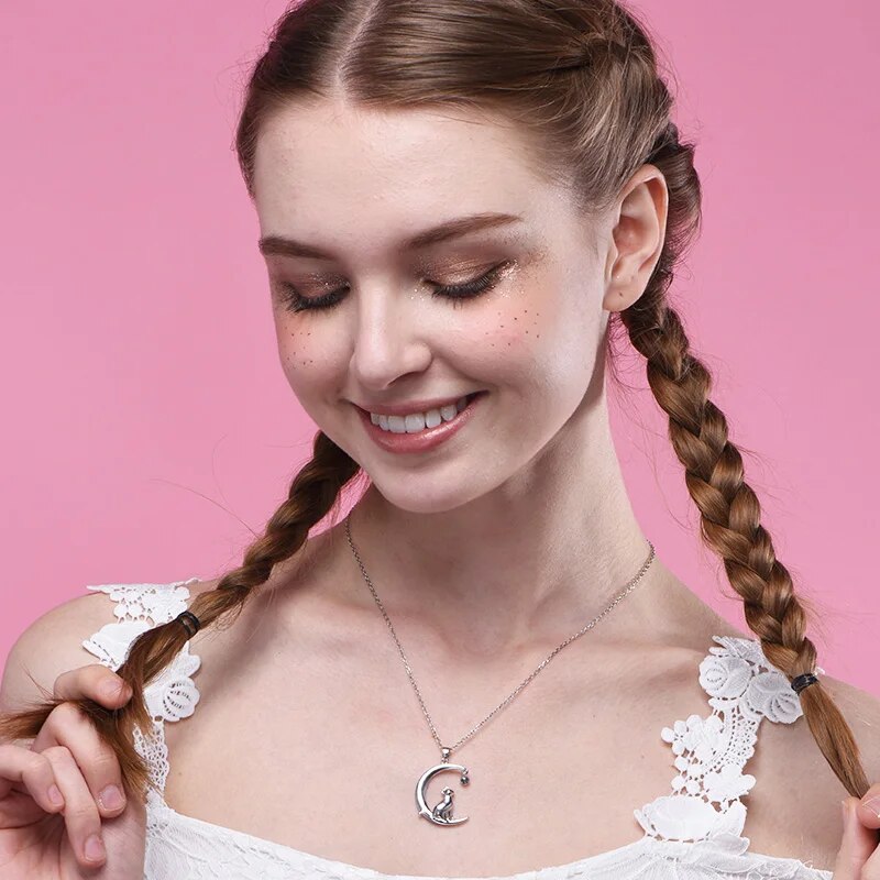 U7 Authentic 100% 925 Sterling Silver Cat Moon Necklace Meditation Women Jewelry Chain & Pendant Valentine Gift SC17