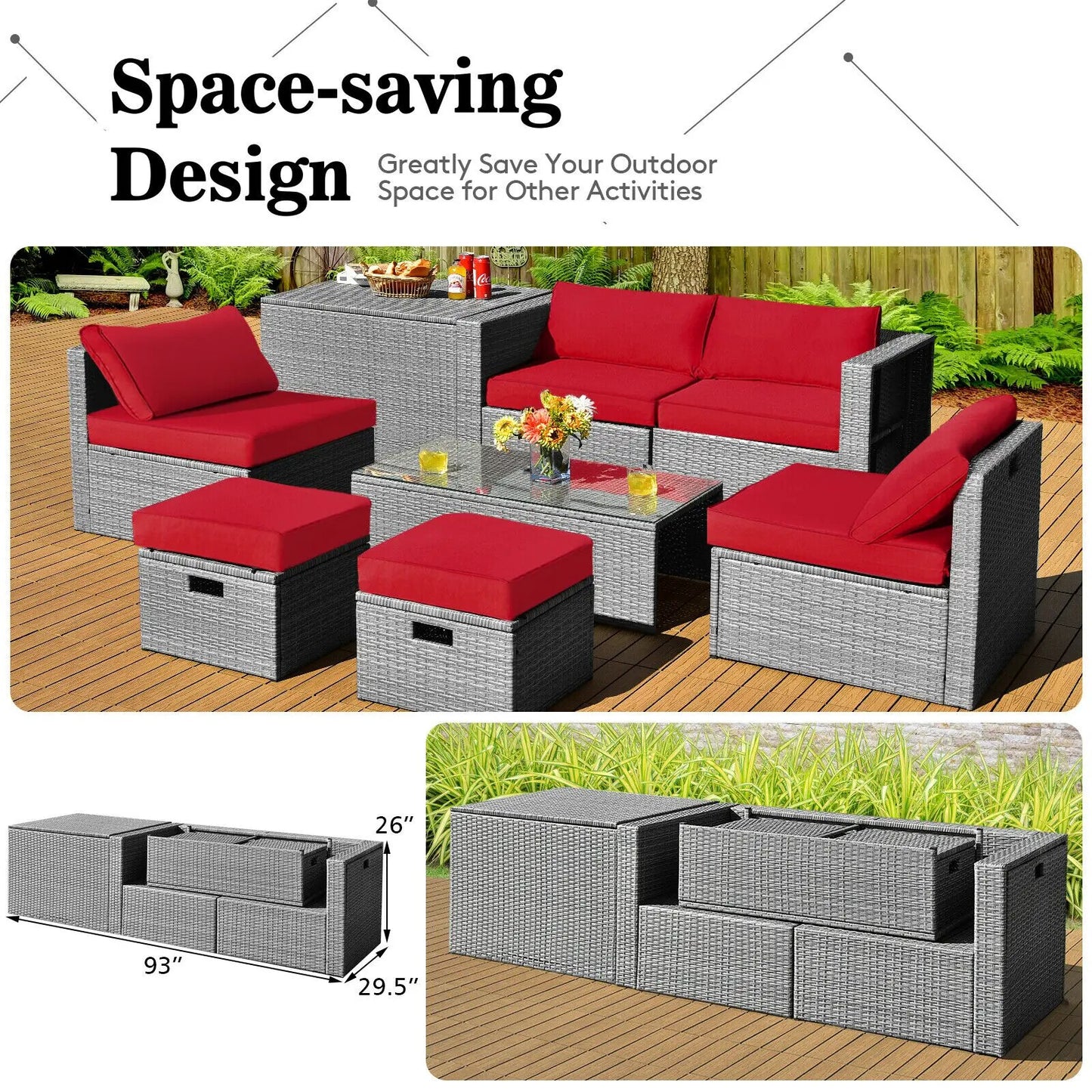 Patiojoy 8PCS Patio Rattan Furniture Set Storage Waterproof Cover Red Cushion