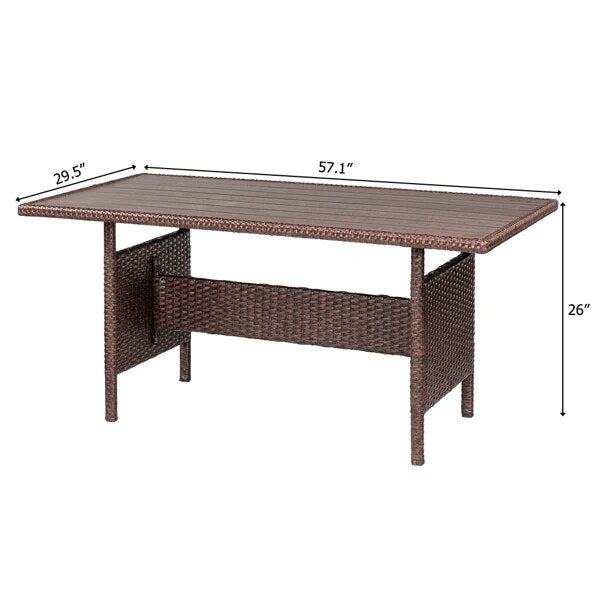 8 Piece Patio Furniture Set Outdoor Rattan Dining Table And Chair Brown Wood Grain Rattan Khaki Cushion Plastic Wood Surface