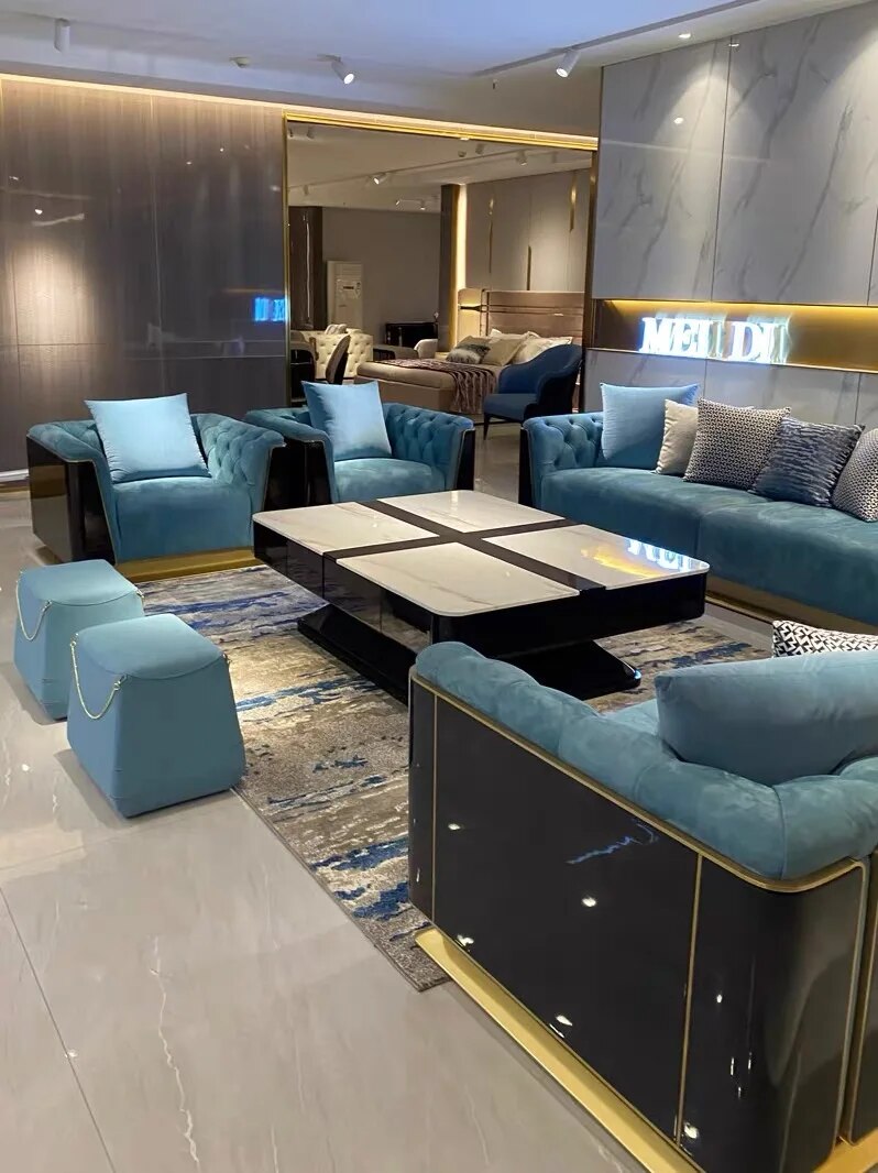 Light luxury sofa set furniture frosted leather modern living room U-shaped sky blue sofa