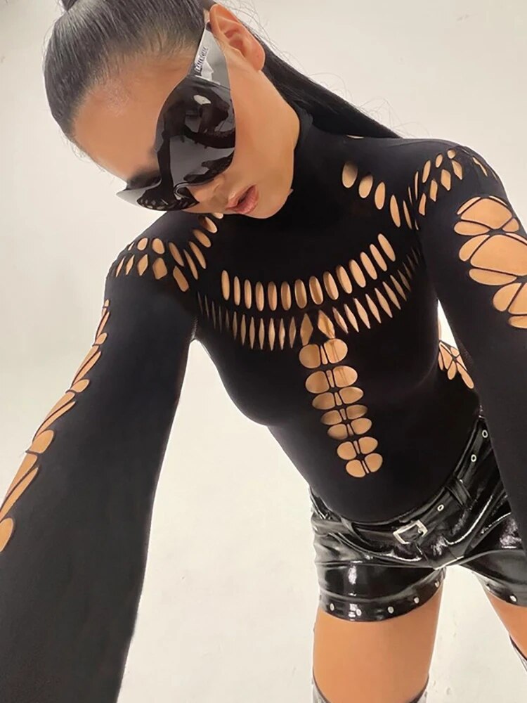 Goth Dark Cyber Y2k Punk Sexy Hollow Out Bodysuits Gothic Techwear Black Turtleneck Bodycon T-shirts Moto Long Sleeve Streetwear