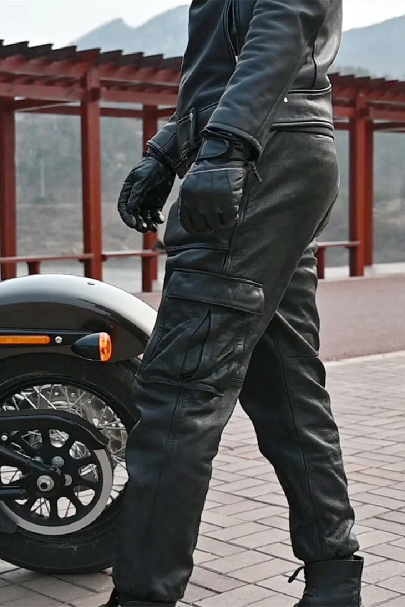 New Real Leather Pants Men Vintage Vegetable-tanned Top Layer Cowhide Trousers Loose Cargo Cuffed Cropped FC