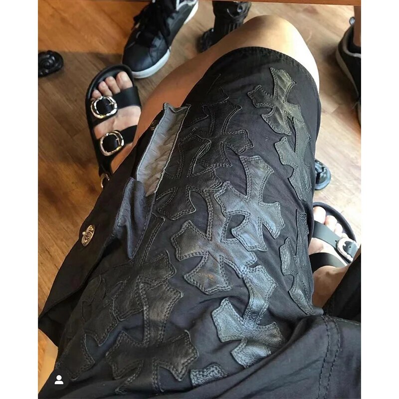 Men's Shorts Leather Cross Embroidery Cargo Streetwear Hip Hop Casual Five-Point Pants Male