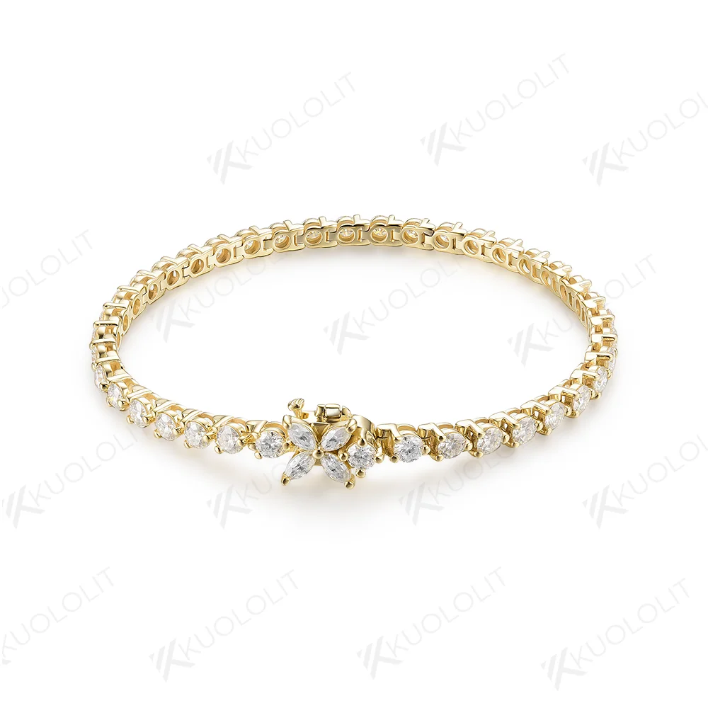 Kuololit Flower Moissanite Bracelet for Women Solid 14K 10K Gold Marquise Diamond Tennis Bracelet for Engagement Welding Gifts