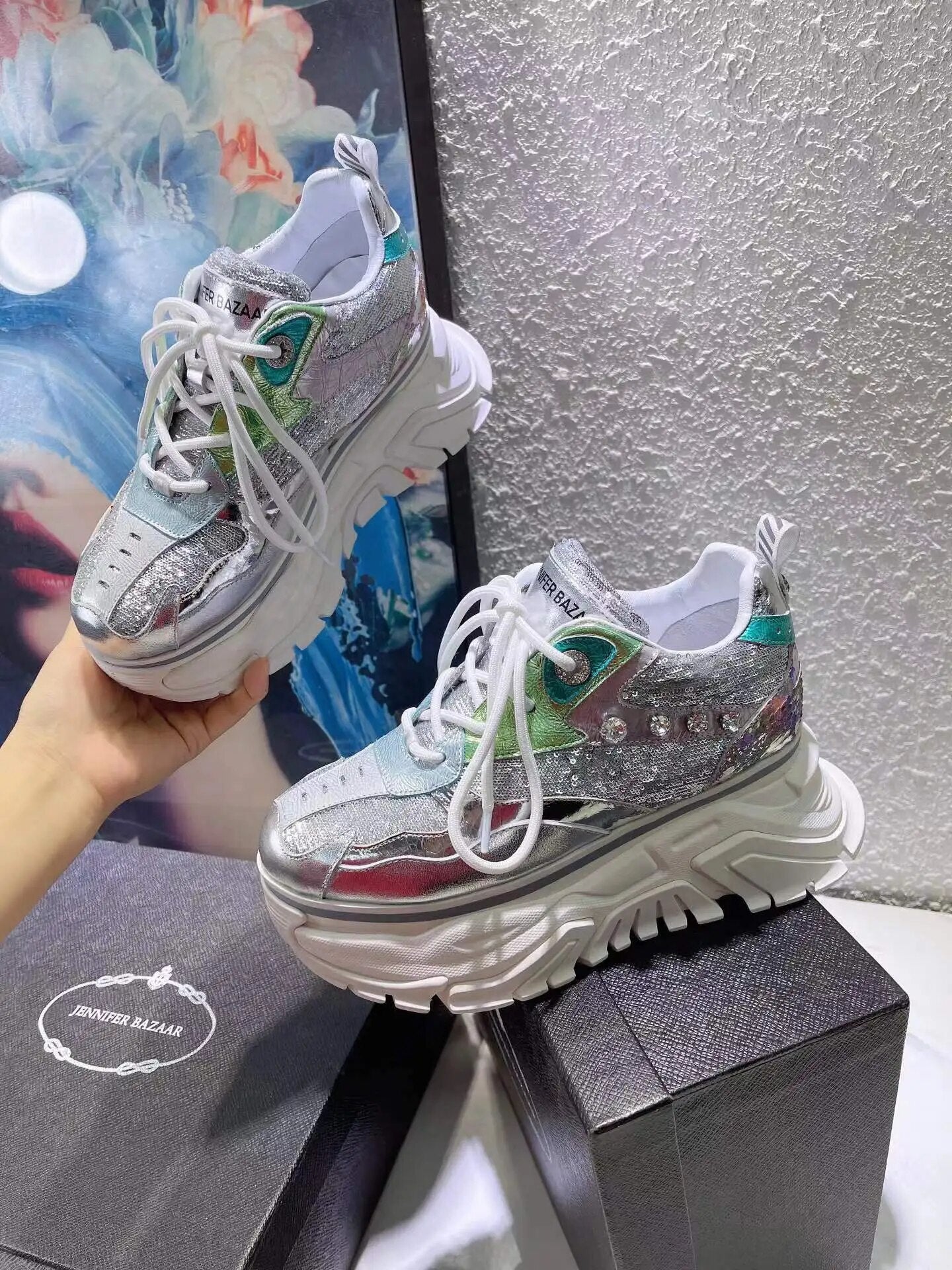 Spring Women's Casual Chunky Shoes Thick Heels Sneakers Female Silver Street Fashion Genuine Leather High Platform Lady Autumn