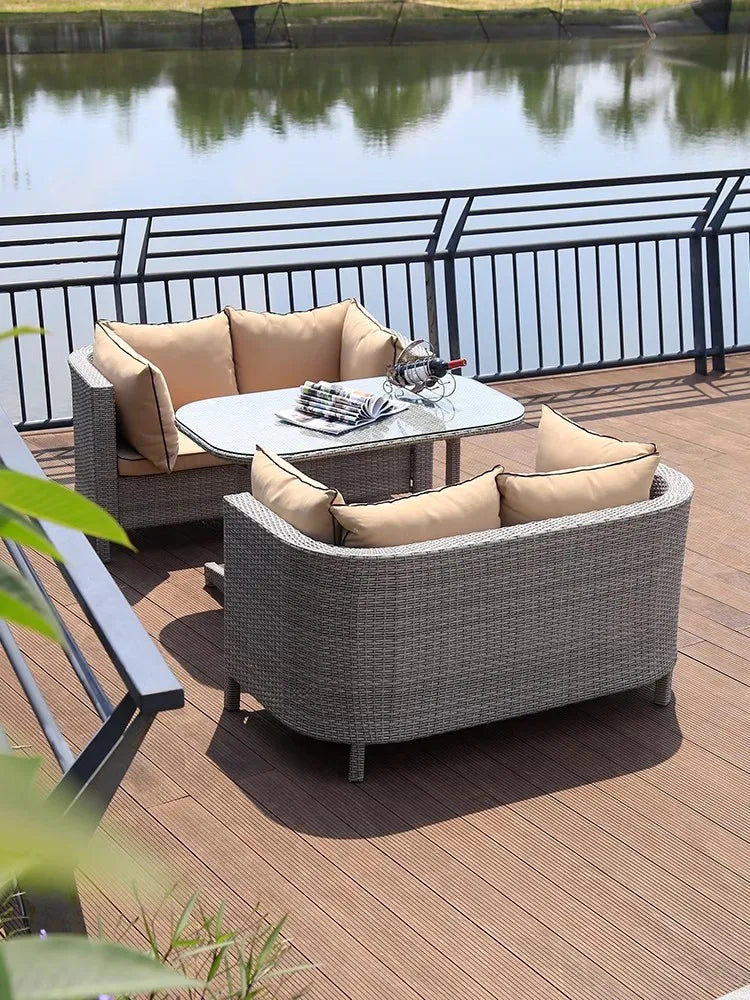 3 pcs Outdoor Furniture dining set metal Frame rattan sofa coversation set space saving coffee shop patio yard poolside garden