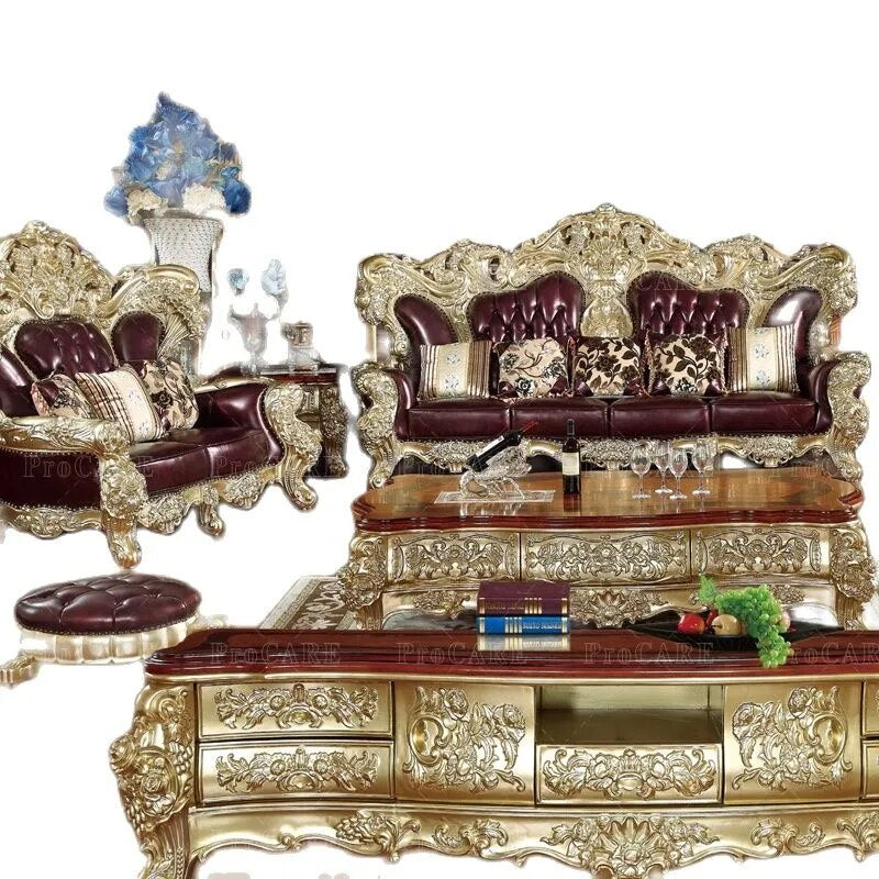 ProCARE European sofa American villa living room genuine leather solid wood carving living room sofa sets