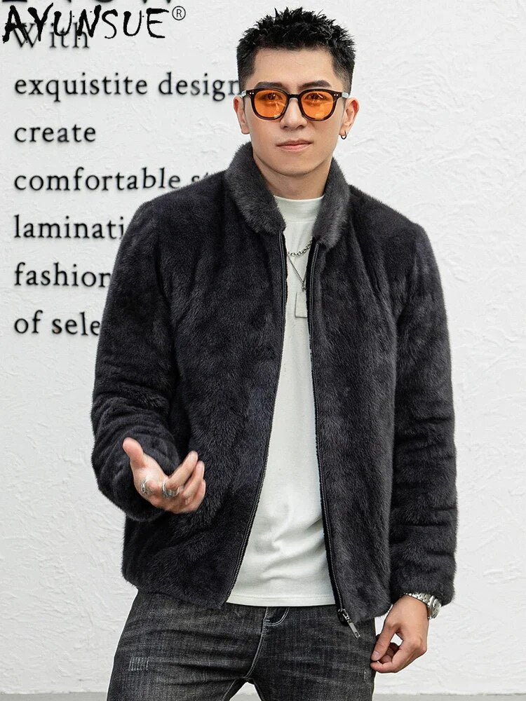 AYUNSUE Natural Mink Real Fur Coat Luxury Winter Jackets for Men 2023 Solid Color Mink Fur Jacket Baseball Collar Abrigo Hombre