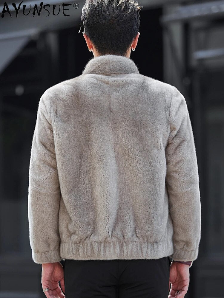 AYUNSUE Real Fur Coat Mink Jackets for Men Luxury Winter Natural Mink Fur Jacket Baseball Collar Fur Coats Jaqueta Masculino