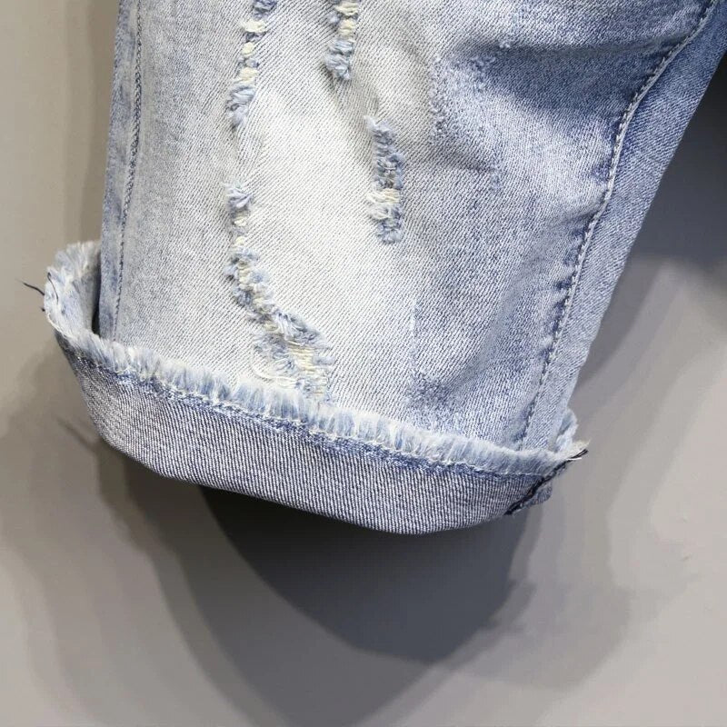 Summer Light BlueWashed Vintage Cargo Shorts Men Slim Fit Knee Length Straight Jeans High Street Casual Ripped Denim Male