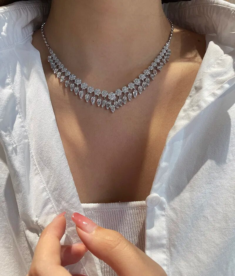 LUOWEND 18K White Gold Necklace Real Natural Diamonds 8.2carat Luxury Classic Tassel Style Wedding Necklace for Women Wedding
