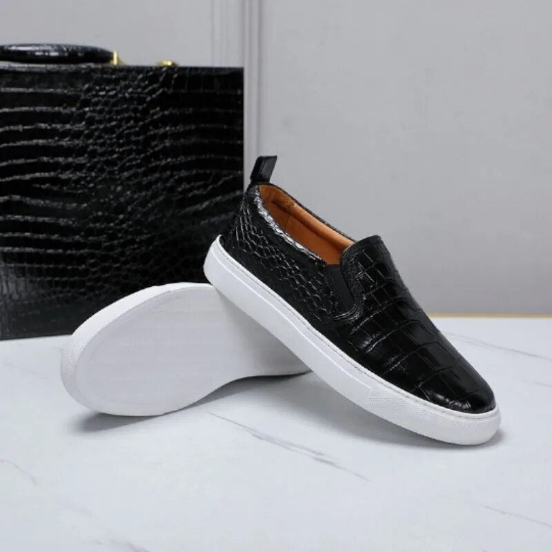 Brand Men Shoes Designer Black Sneakers Loafers Handmade Business Casual Crocodile Leather Shoes Slip On Flats Work Footwear