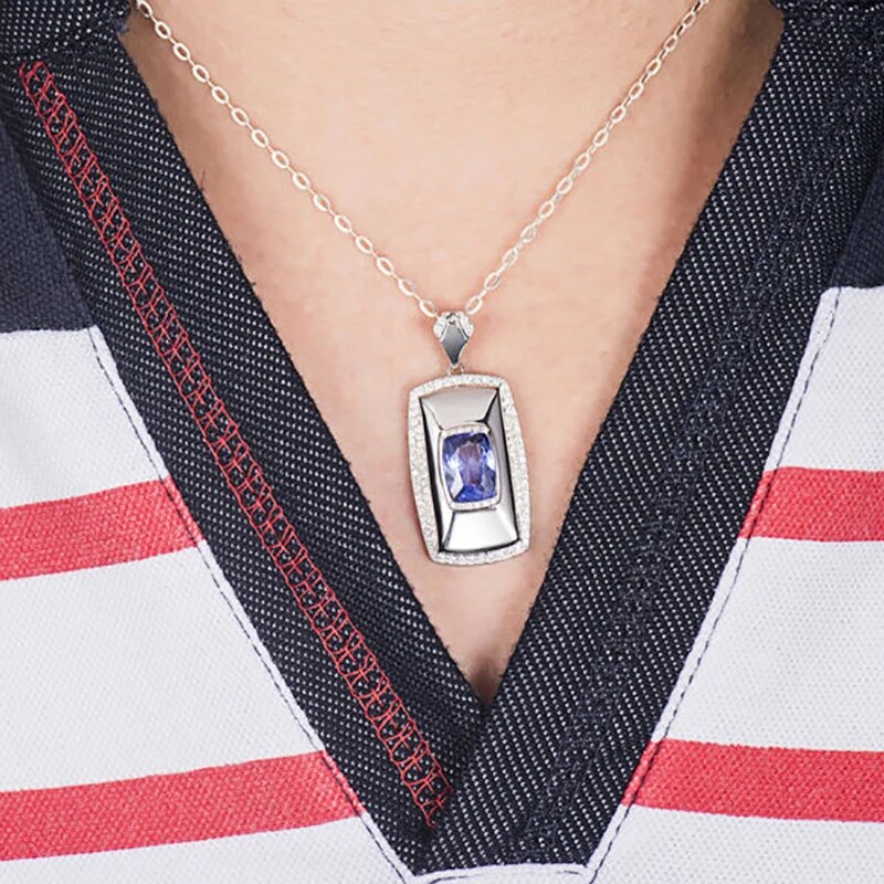 LOVERJEWELRY Cool Solid 18K White Gold Mens Necklace Pendants Natural 7x10mm Cushion Cut Tanzanite Diamonds Pendant for Husband