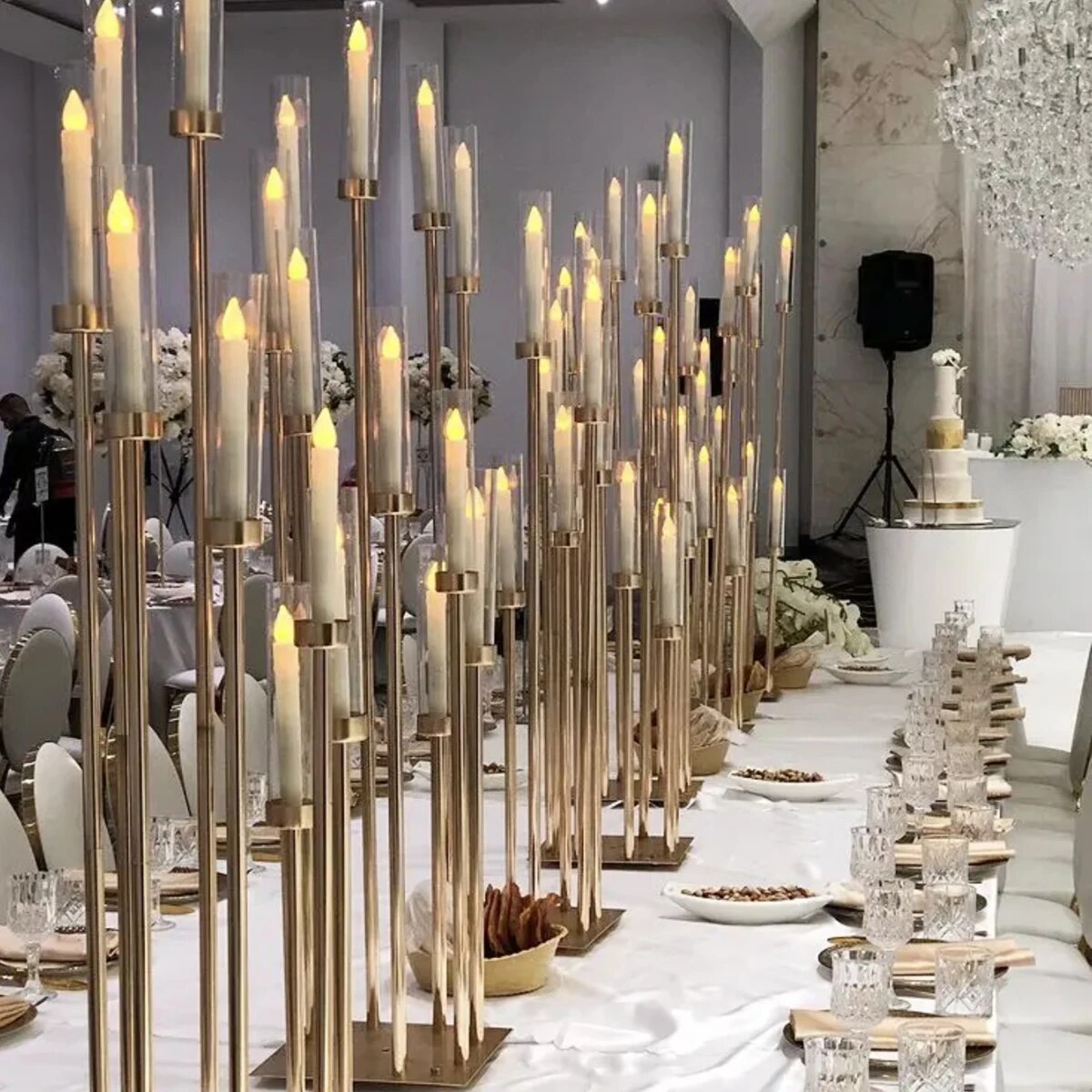 10pcs)wedding talbe centerpiece 8 arms and 10 arms gold antique metal candelabra with cylinder Flower vases