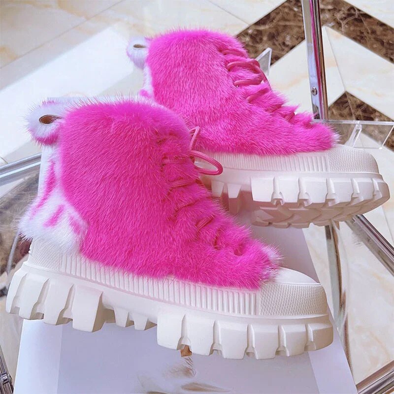 2023 New Women's Platform Casual Shoes Natural 100% Mink Fur Thick Fur Sneakers Fashion Outdoor warm high Boots Autumn