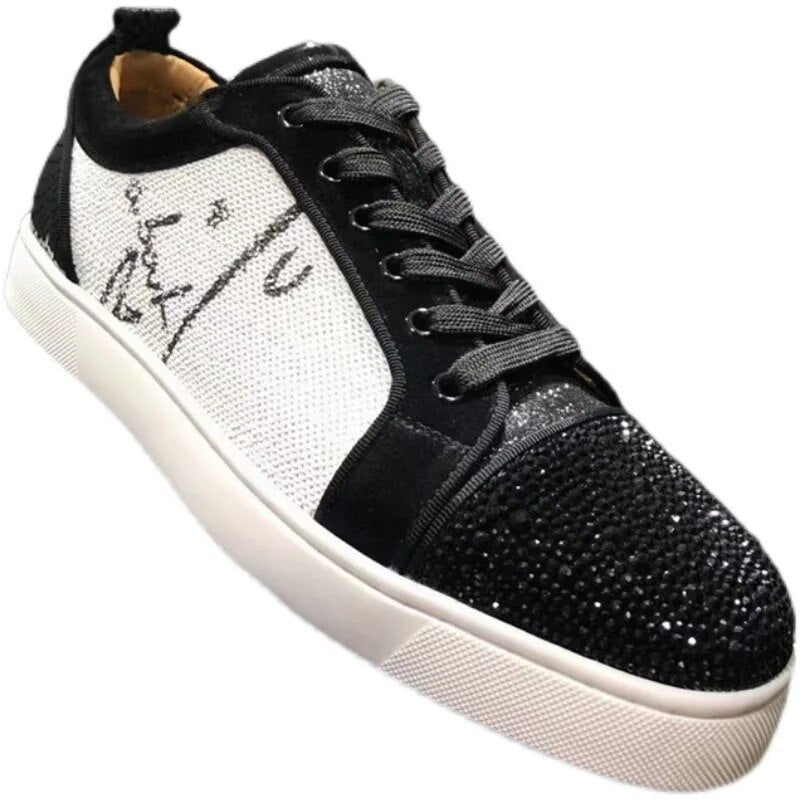 Fashion leather low top men's shoes Flat casual board shoes Rhinestone women's shoes Couples' red soled shoes
