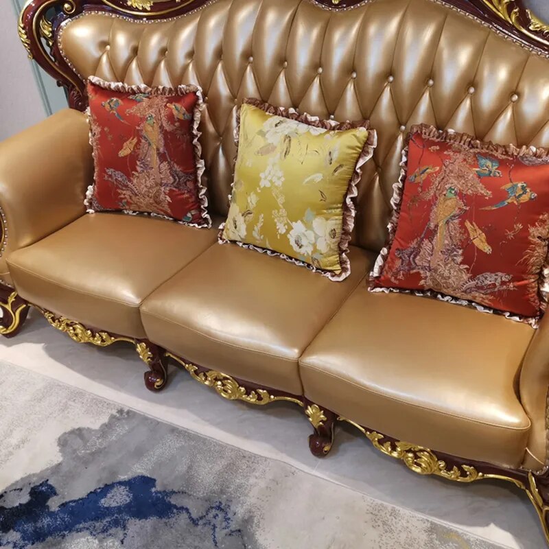 European Leather Sofa Combination Living Room Red Sandalwood Color Gold Foil Imported First Layer Cowhide Home Furniture