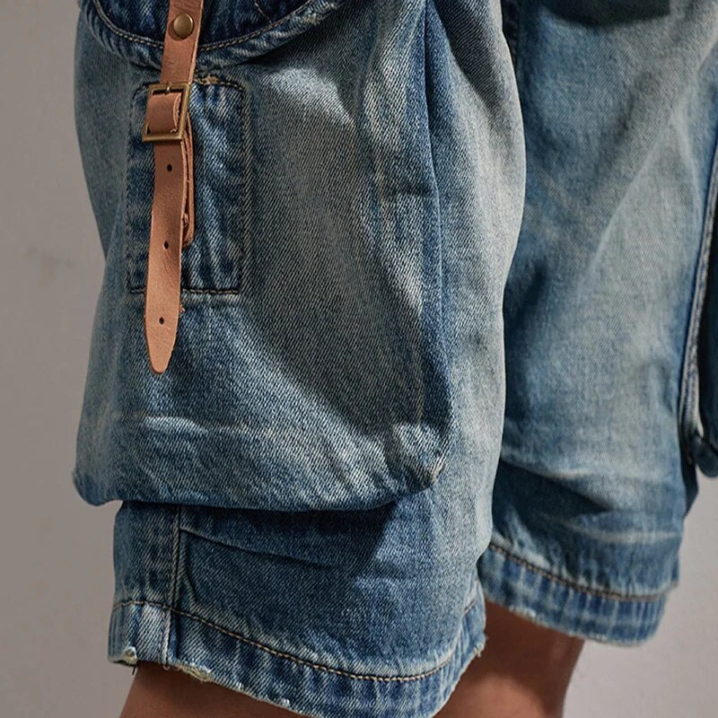 Men's Denim Shorts Retro Loose Side Pockets Leather Buckle Cargo Summer Jeans Male